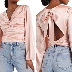 NWT Express Satin Ruched Twist Front Open Back/Bow Side Zip Blouse Top Peach XS